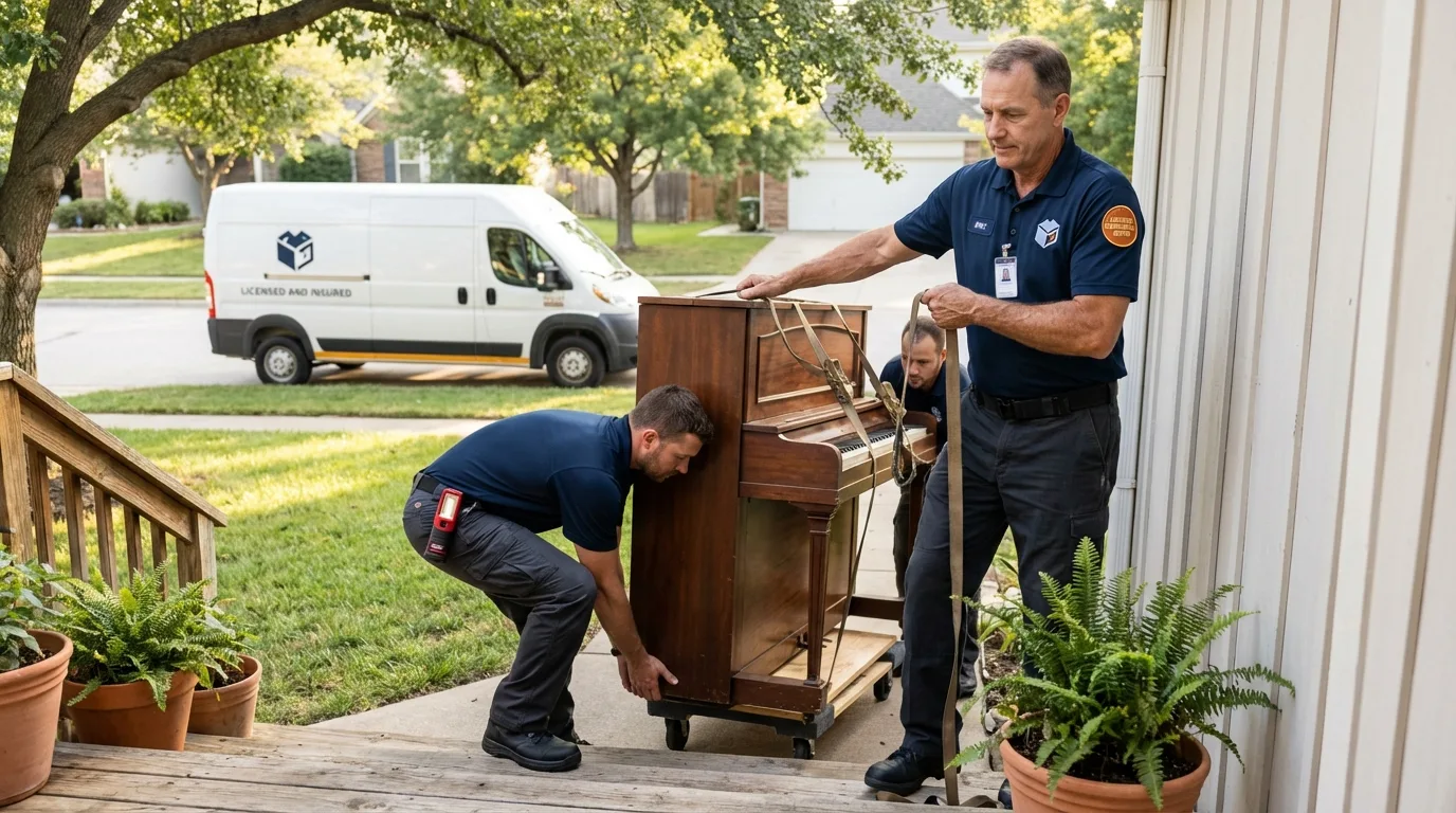 Licensed piano movers securing grand piano in Aguadilla, PR