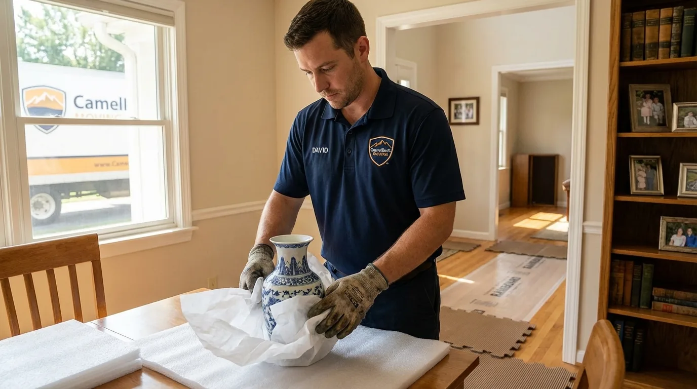 Professional crew carefully wrapping antique vase for senior downsizing move in Aguadilla, PR